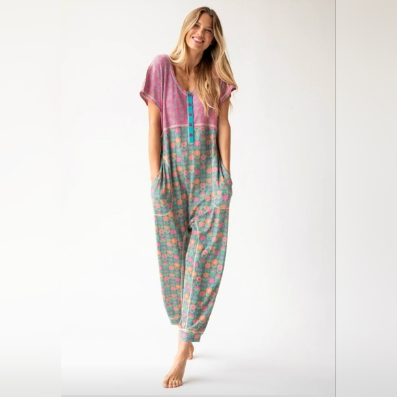 NATURAL LIFE Pants - Natural Life Mix & Match Thermal Boho Jumpsuit Pink And Green Floral Size Medium